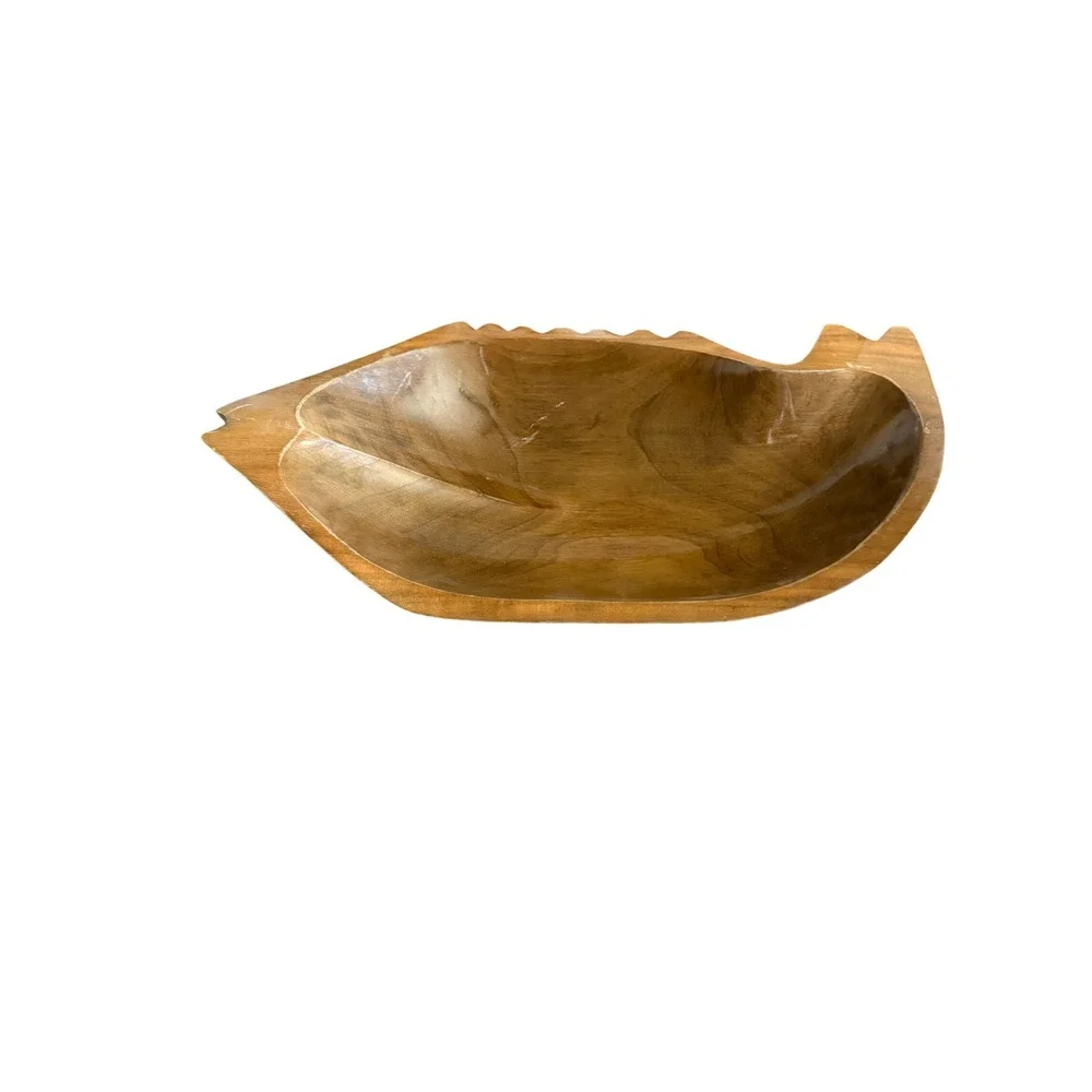 Vintage Hand Carved Wooden Fish Bowl Mid Century Modern Catchall Tray 8.5 Inch